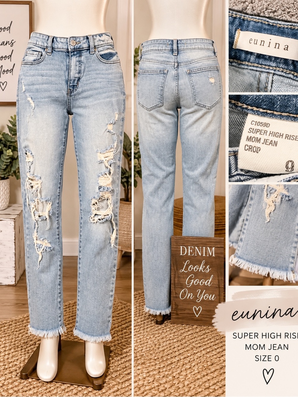 eunina Light Wash Distressed Super High Rise Mom Jeans
